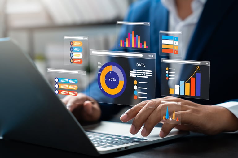 Data science and business intelligence, Business data analytics, Analyst using big data dashboard for performance evaluation, KPI metrics, Strategic decision making with AI and technology